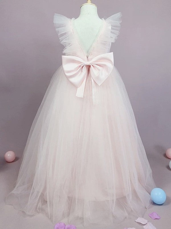 Sleeveless Bowknot Scoop A-Line/Princess Floor-Length Tulle Flower Girl Dresses