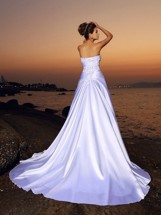 Ball Beading Sleeveless Gown Satin Strapless Long Beach Wedding Dresses