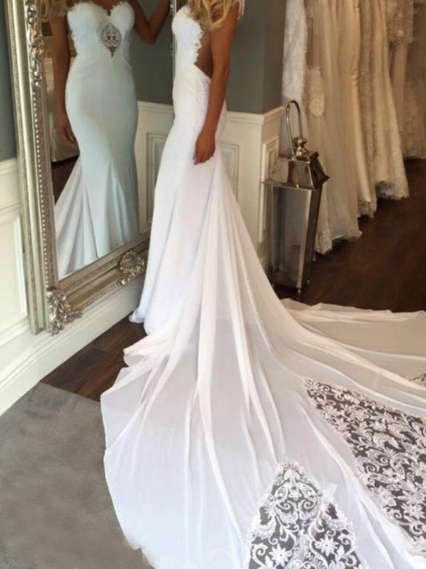 Train Sweetheart Cathedral Sleeveless Applique Trumpet/Mermaid Lace Wedding Dresses