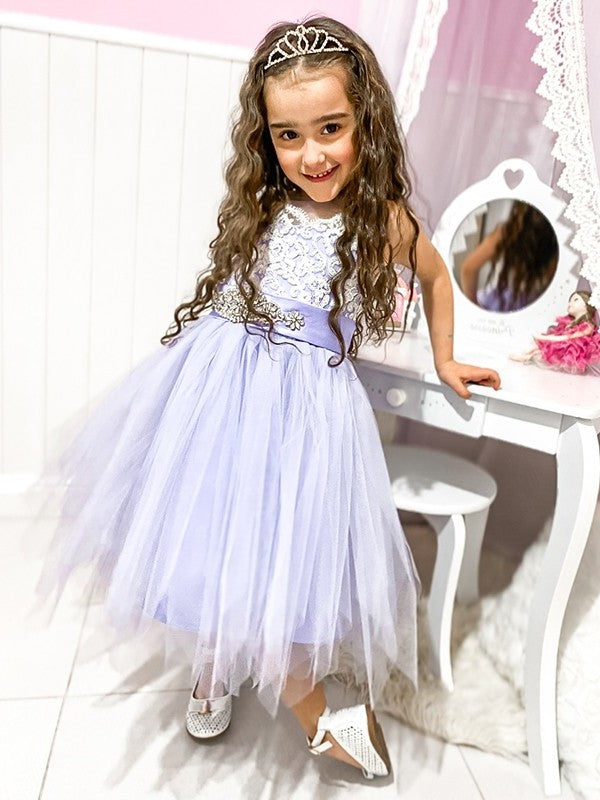 A-Line/Princess Tulle Knee-Length Lace Scoop Sleeveless Flower Girl Dresses