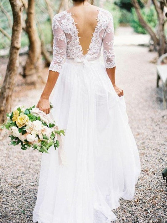 1/2 Lace Floor-Length Sleeves V-neck Applique A-Line/Princess Chiffon Wedding Dresses