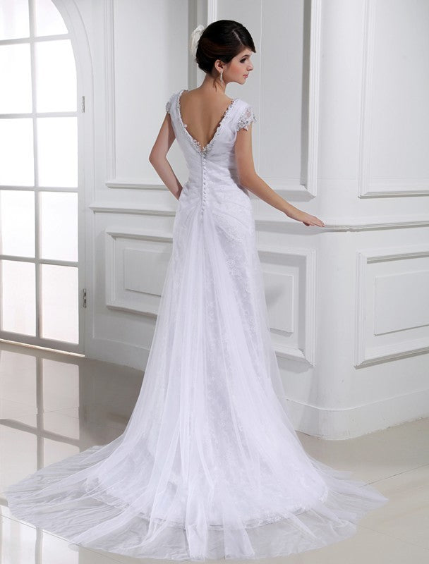 V-neck A-Line/Princess Beading Sleeveless Long Tulle Wedding Dresses