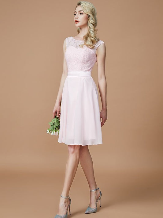 A-Line/Princess Lace Bateau Sleeveless Short/Mini Chiffon Bridesmaid Dresses