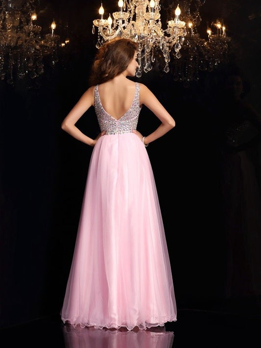 V-neck Long Sleeveless A-Line/Princess Ruffles Elastic Woven Satin Dresses