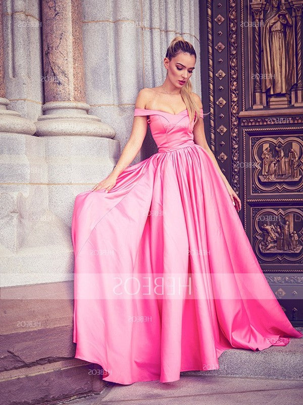 Ruched Off-the-Shoulder Satin A-Line/Princess Sleeveless Floor-Length Dresses