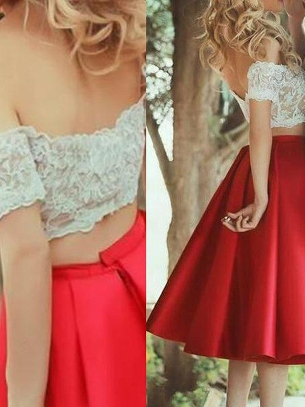 Sleeveless Knee-Length Lace Off-the-Shoulder Satin A-Line/Princess Two Piece Dresses
