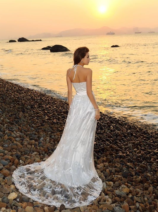A-Line/Princess Lace Sash/Ribbon/Belt Long Sleeveless Halter Beach Wedding Dresses