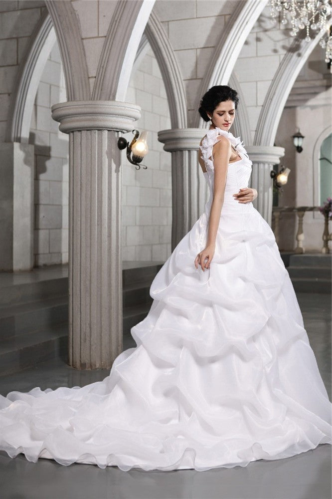 One-Shoulder Pleats Sleeveless Ball Gown Long Organza Wedding Dresses