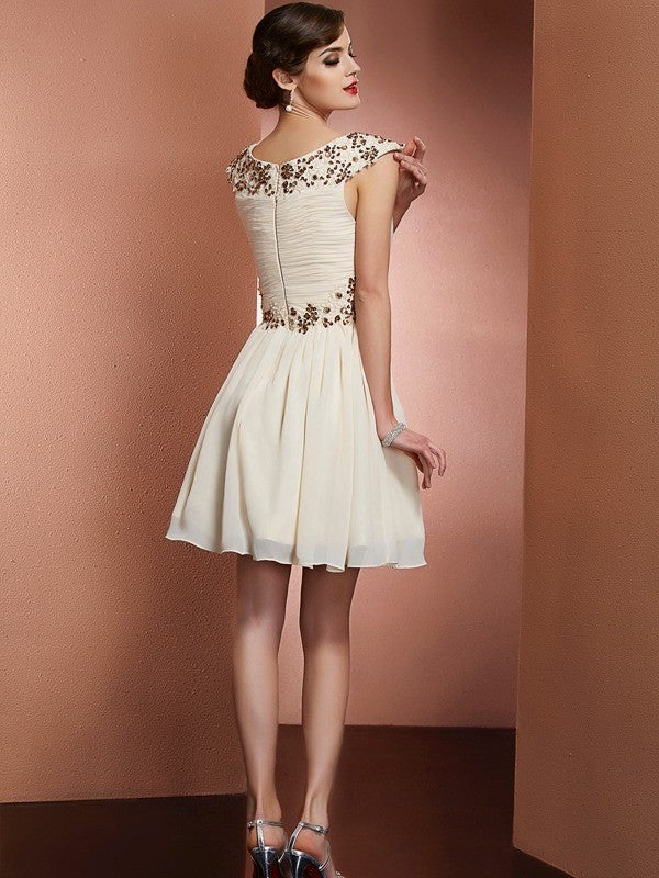 Applique A-Line/Princess Beading Short Sleeveless Scoop Chiffon Bridesmaid Dresses