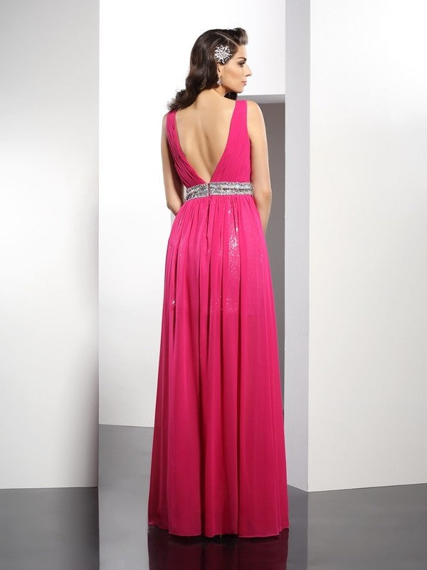 V-neck Paillette Sleeveless A-Line/Princess Long Chiffon Dresses