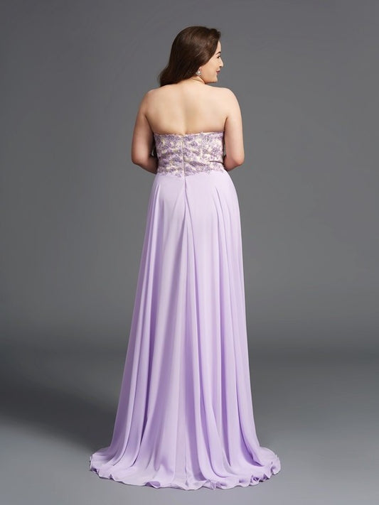 Long A-Line/Princess Chiffon Sweetheart Sleeveless Lace Plus Size Dresses