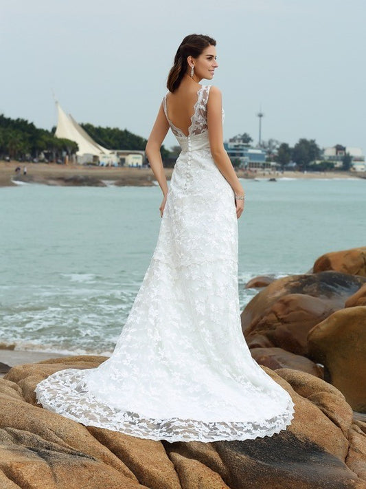 Satin A-Line/Princess Straps Long Applique Sleeveless Beach Wedding Dresses