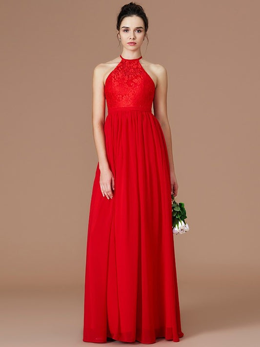 Halter Floor-Length A-Line/Princess Lace Sleeveless Chiffon Bridesmaid Dresses