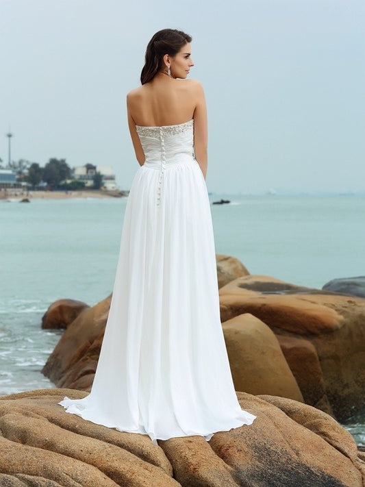 Long A-Line/Princess Chiffon Sweetheart Sleeveless Beading Beach Wedding Dresses