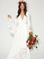 Sweep/Brush A-Line/Princess Sash/Ribbon/Belt Long Chiffon Lace Sleeves V-neck Train Wedding Dresses