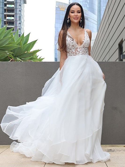 Lace Ruffles A-Line/Princess Sweep/Brush V-neck Sleeveless Train Wedding Dresses