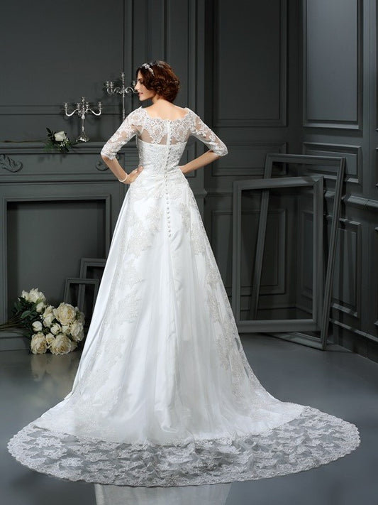 1/2 A-Line/Princess Lace Bateau Sleeves Long Satin Wedding Dresses