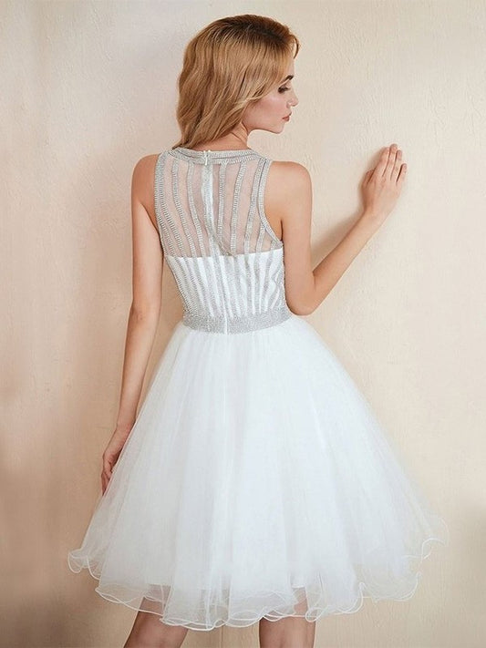 Beading Sleeveless A-Line/Princess Scoop Tulle Short/Mini Homecoming Dresses