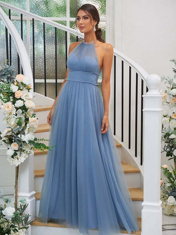 Halter Ruched Tulle Sleeveless A-Line/Princess Floor-Length Bridesmaid Dresses