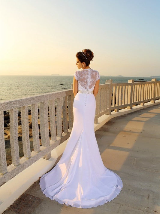 Sheath/Column Beading Sleeveless Chiffon V-neck Long Beach Wedding Dresses