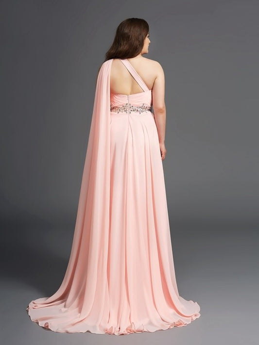 One-Shoulder Long Chiffon Sleeveless Rhinestone A-Line/Princess Plus Size Dresses