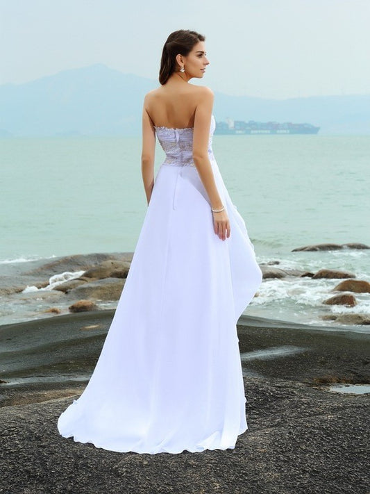 A-Line/Princess Long Chiffon Sweetheart Beading Sleeveless Beach Wedding Dresses