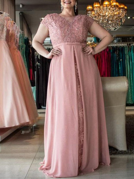Sleeves Lace Scoop Chiffon Floor-Length A-Line/Princess Short Plus Size Dresses