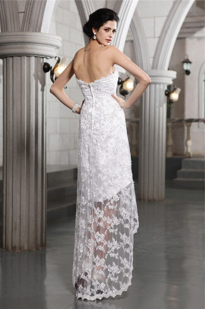 Sheath/Column Sleeveless Low High Beading Strapless Lace Wedding Dresses