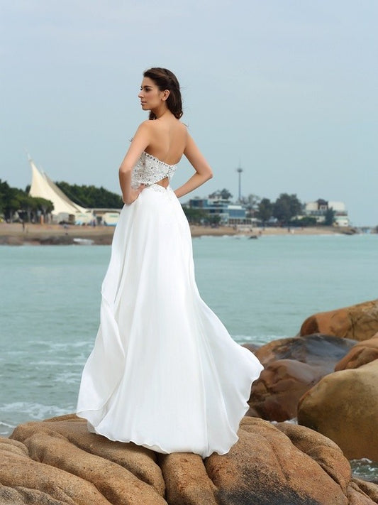 Beading Long Sweetheart Chiffon Sleeveless A-Line/Princess Beach Wedding Dresses