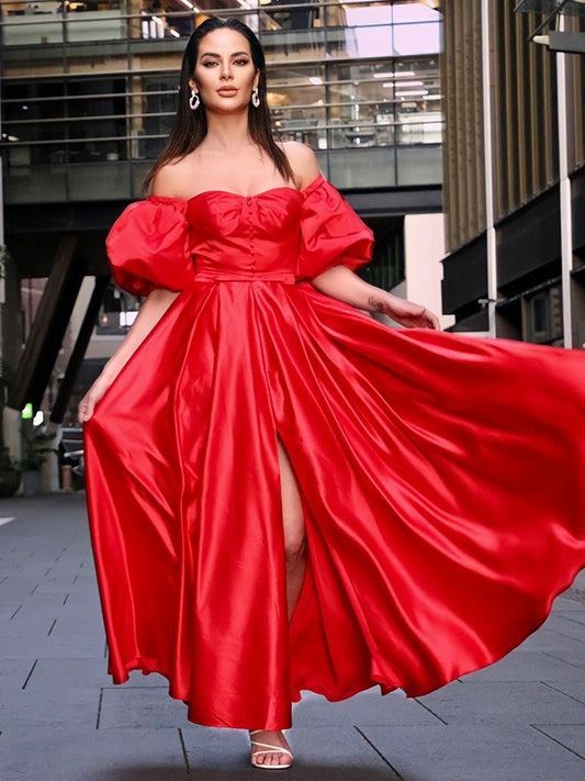 1/2 Ruffles Satin A-Line/Princess Off-the-Shoulder Sleeves Ankle-Length Dresses