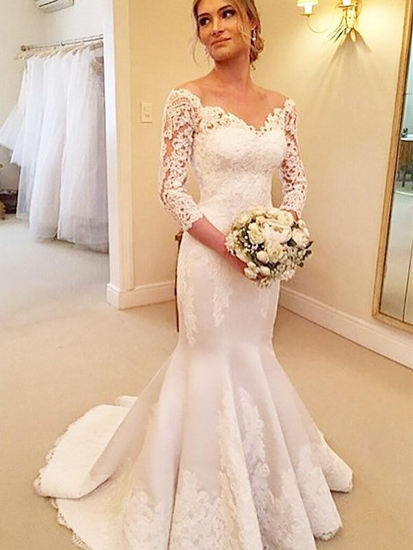 3/4 Lace Sleeves Satin Trumpet/Mermaid Court Off-the-Shoulder Train Wedding Dresses
