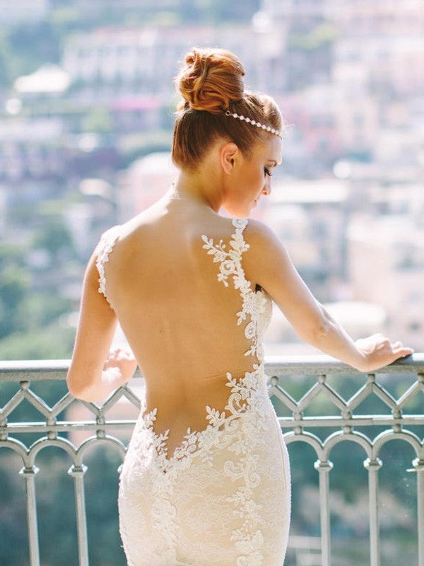 Sweetheart Spaghetti Court Sleeveless Applique Straps Trumpet/Mermaid Lace Train Tulle Wedding Dresses