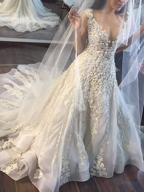 V-neck Court A-Line/Princess Applique Tulle Train Sleeveless Wedding Dresses
