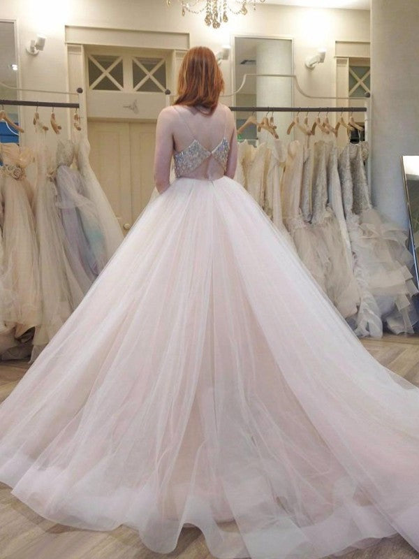 Ball Straps Crystal Court Train Sleeveless Gown Spaghetti Tulle Wedding Dresses