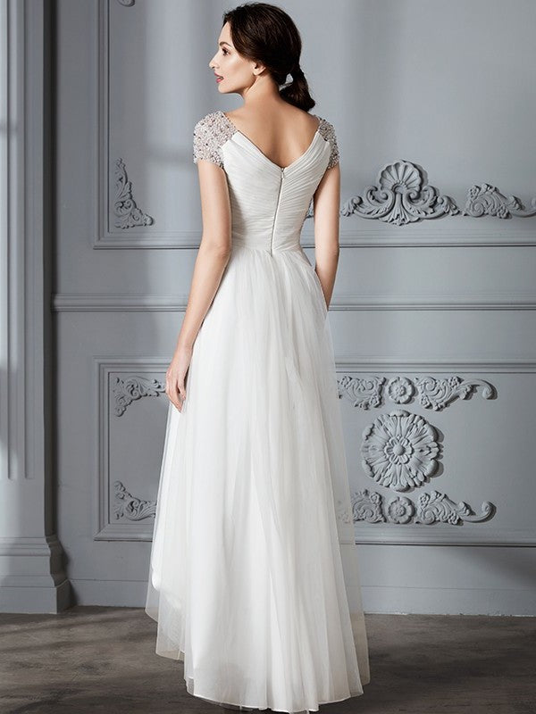 A-Line/Princess V-neck Asymmetrical Short Sleeves Tulle Wedding Dresses