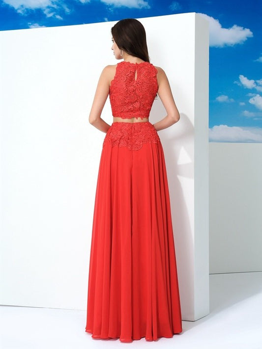 Lace Scoop A-Line/Princess Long Sleeveless Chiffon Two Piece Dresses