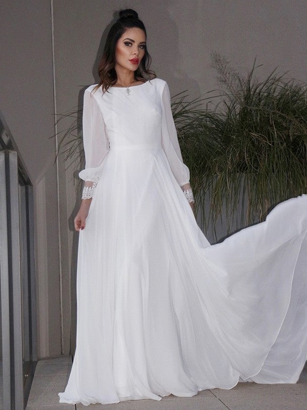 Scoop Ruffles Sweep/Brush Chiffon Long A-Line/Princess Sleeves Train Wedding Dresses