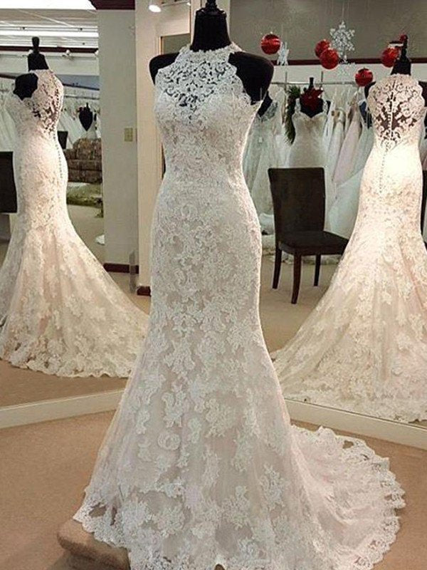 Scoop Train Sleeveless Sweep/Brush Applique Sheath/Column Lace Wedding Dresses
