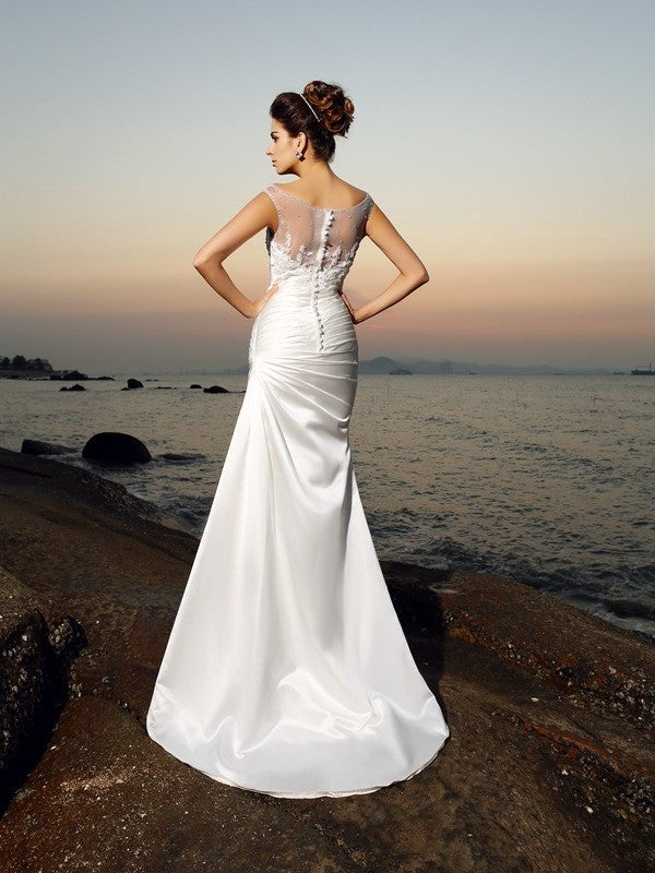 Sleeveless Long Beading Satin Trumpet/Mermaid Scoop Beach Wedding Dresses