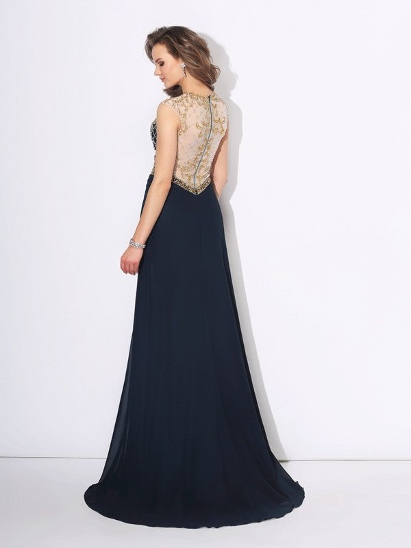 Beading Sleeveless A-Line/Princess Jewel Long Chiffon Dresses