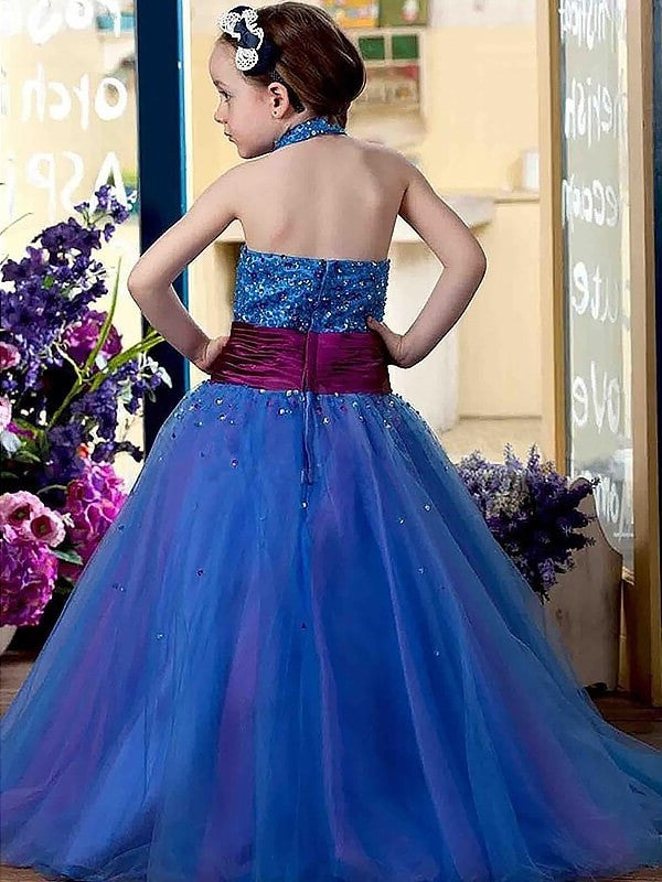 Tulle Floor-Length Sleeveless Gown Ball Halter Sequins Flower Girl Dresses