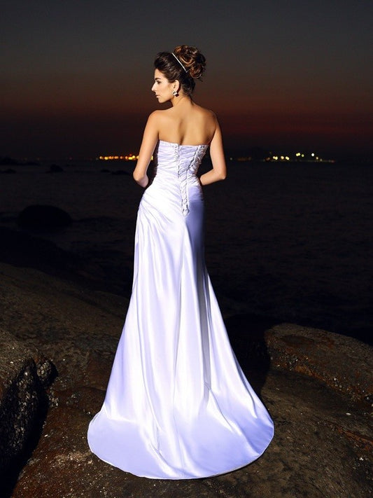 Trumpet/Mermaid Woven Satin Long Sleeveless Elastic Sweetheart Beach Wedding Dresses