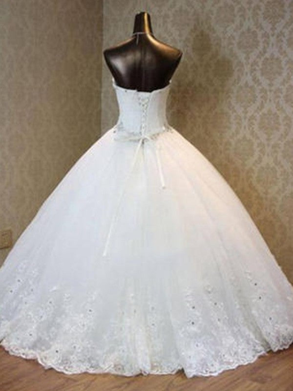 Gown Tulle Beading Sleeveless Ball Sweetheart Floor-Length Wedding Dresses