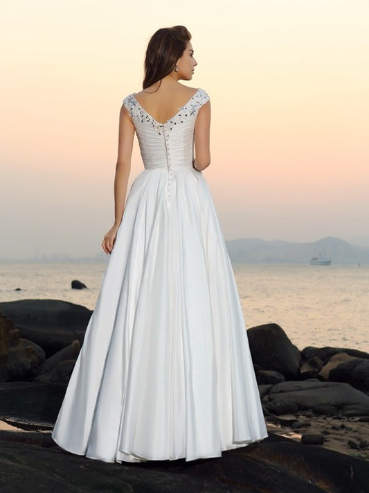 V-neck Long A-Line/Princess Taffeta Beading Sleeveless Beach Wedding Dresses