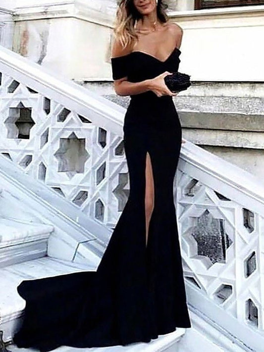 Off-the-Shoulder Sleeveless Court Train Sheath With Ruched Spandex Dresses