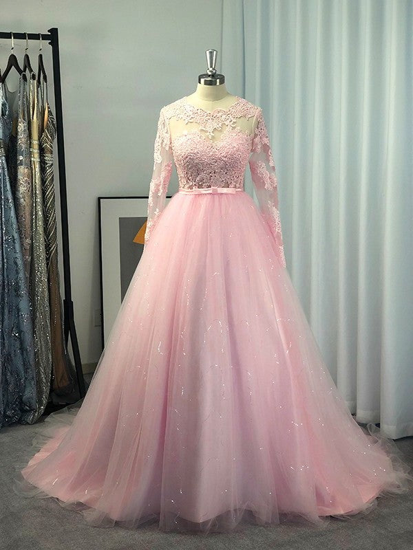 Gown Sleeves Tulle Long Ball Lace Jewel Sweep/Brush Train Dresses