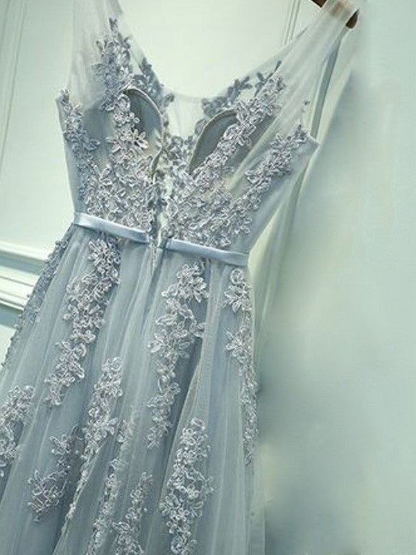 Tulle V-neck Sleeveless A-Line/Princess Applique Floor-Length Dresses