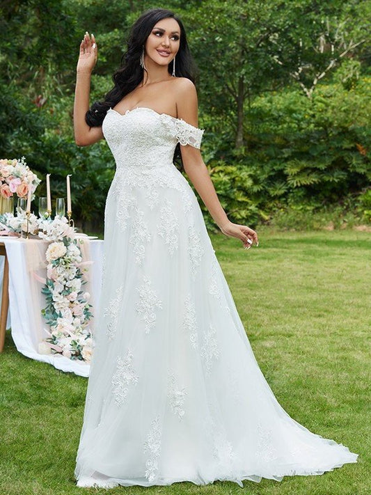 Sweep/Brush Lace Off-the-Shoulder Applique Sleeveless A-Line/Princess Train Wedding Dresses