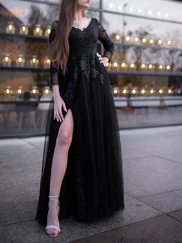 Sleeves Tulle Long Applique Gown Ball Off-the-Shoulder Floor-Length Dresses