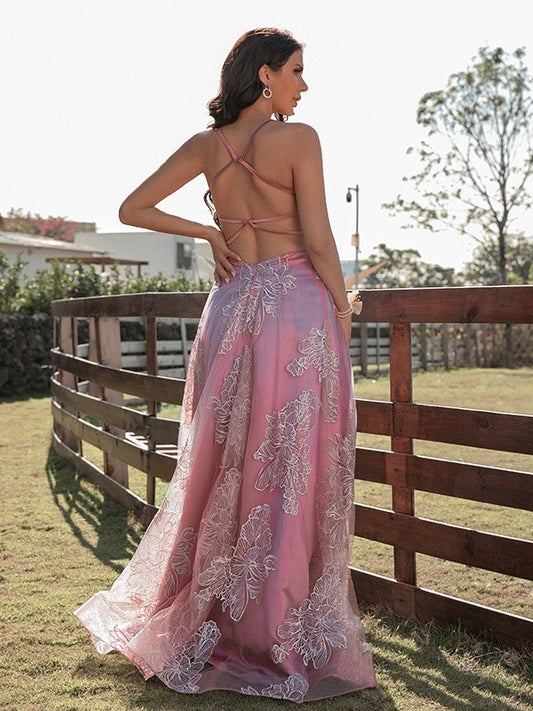 A-Line/Princess Ruffles Lace V-neck Sleeveless Floor-Length Dresses